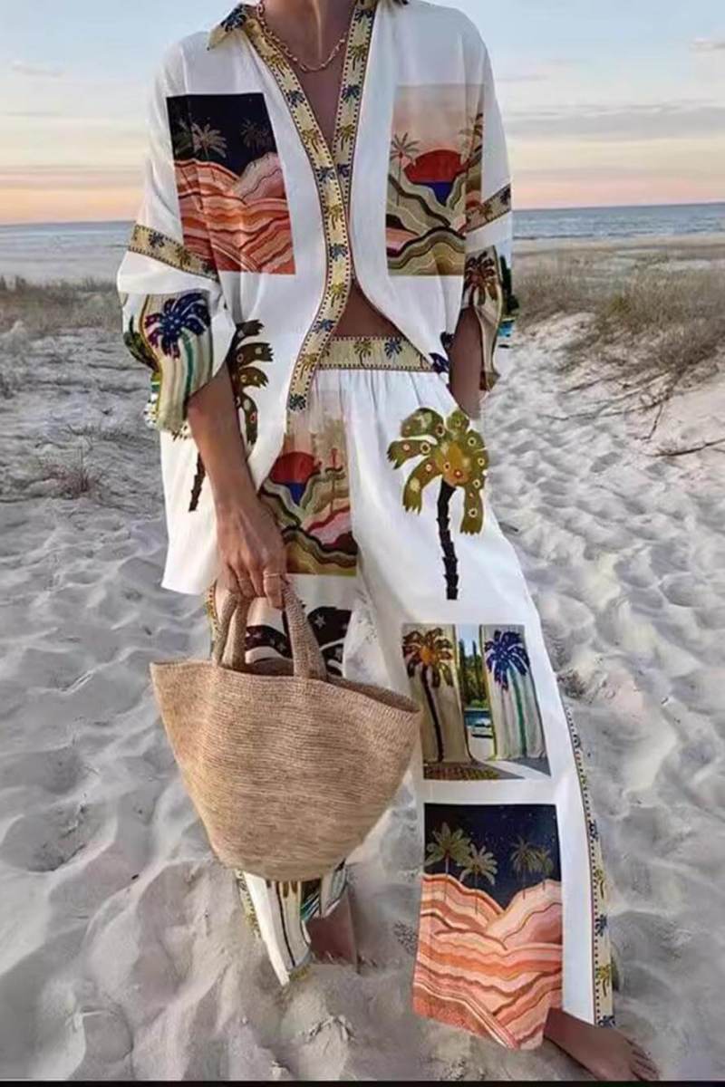 Unikalny zestaw luźnych spodni z nadrukiem palmy