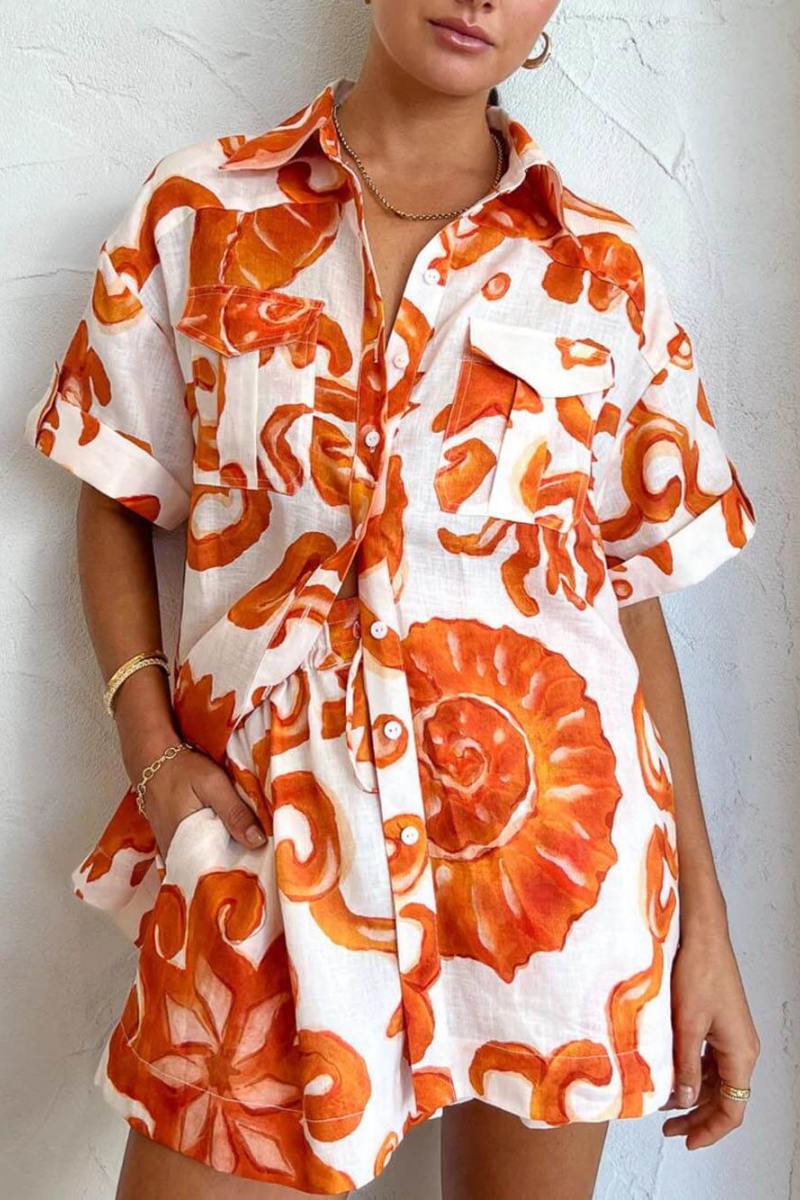 Unik tryckta shorts Lapel Loose Shirt Set