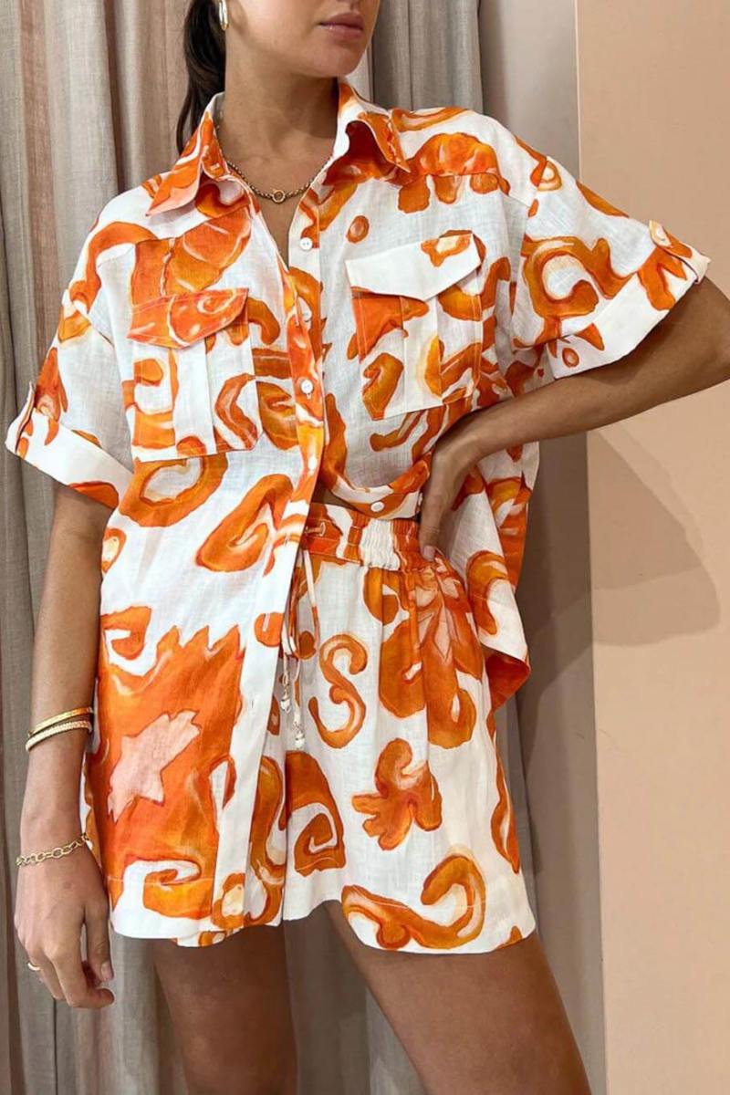 Unik tryckta shorts Lapel Loose Shirt Set