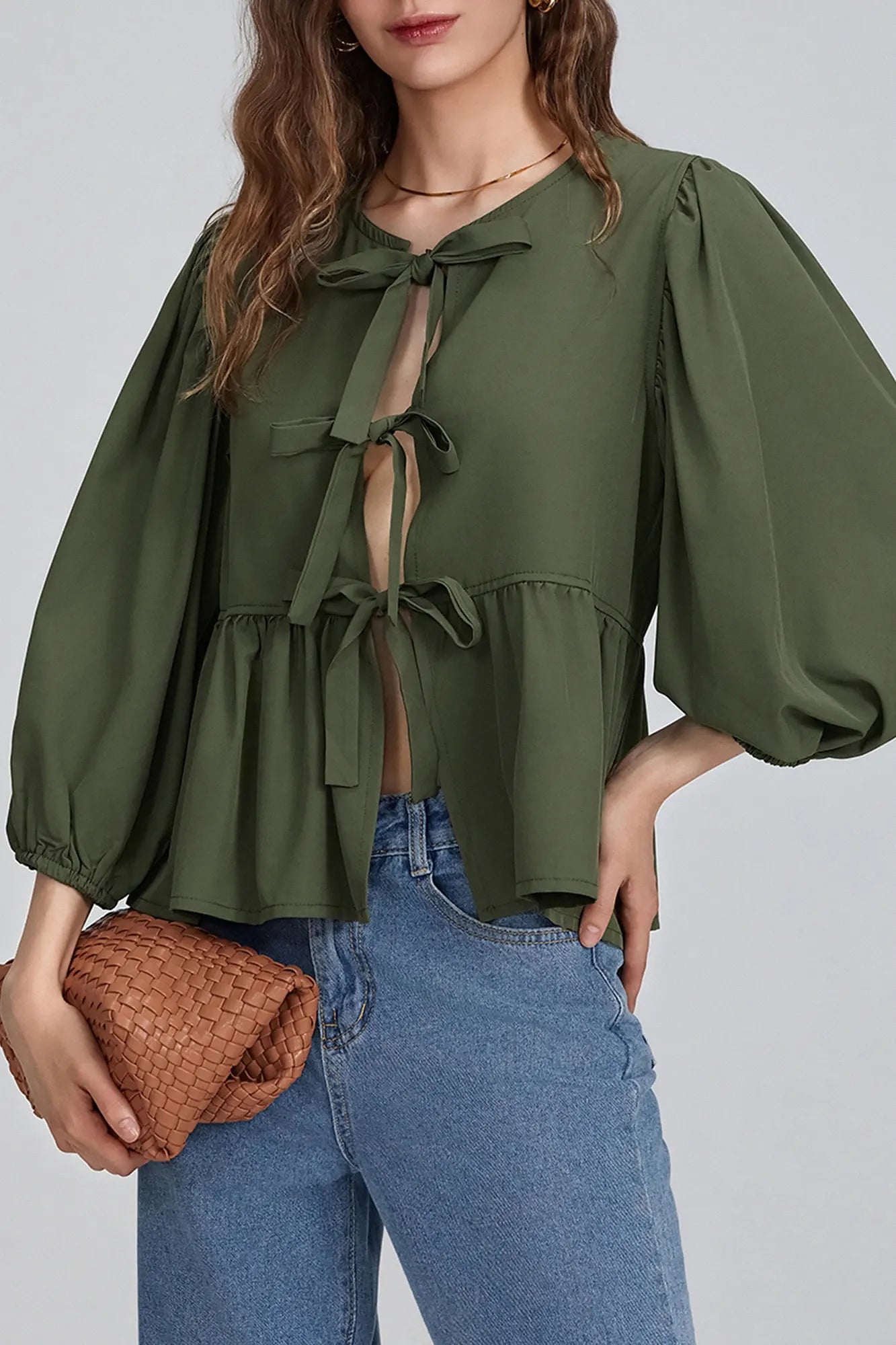 Top bluză cu papion peplum cu mâneci bufante