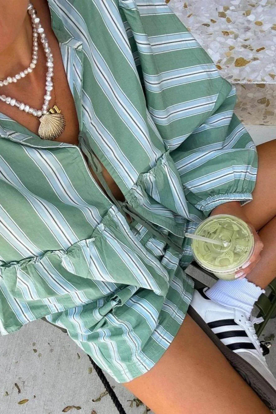 ランタンスリーブストライプシャツショーツセット