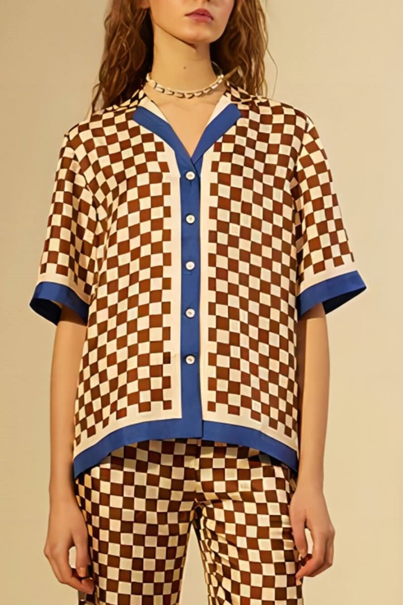 Ensemble de pantalons amples élastiques à rayures bleues avec impression damier unique