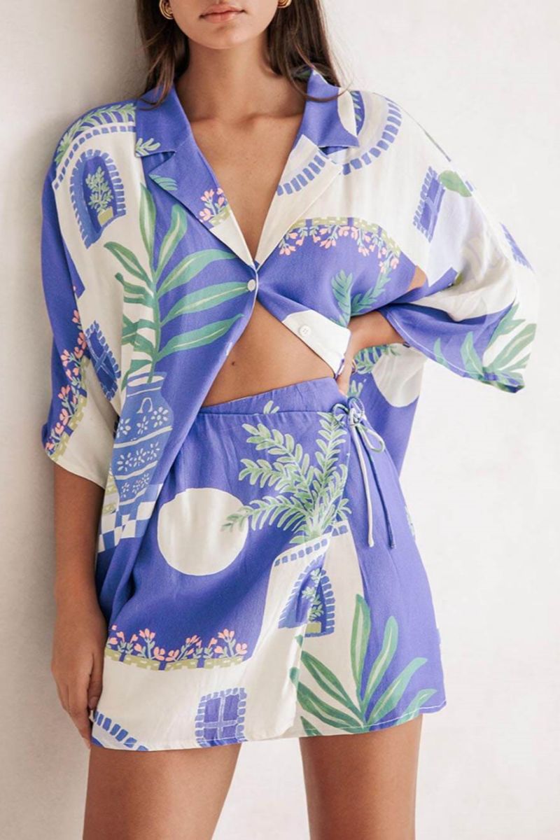 Unikt trykt løs skjorte og elastisk talje omslagssnøre med snørebånd