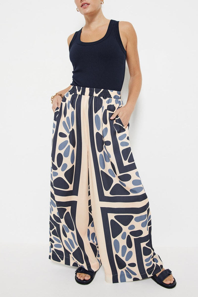 Style de vacances d'été Pantalon ample à taille élastique avec imprimé ethnique unique - Ensemble