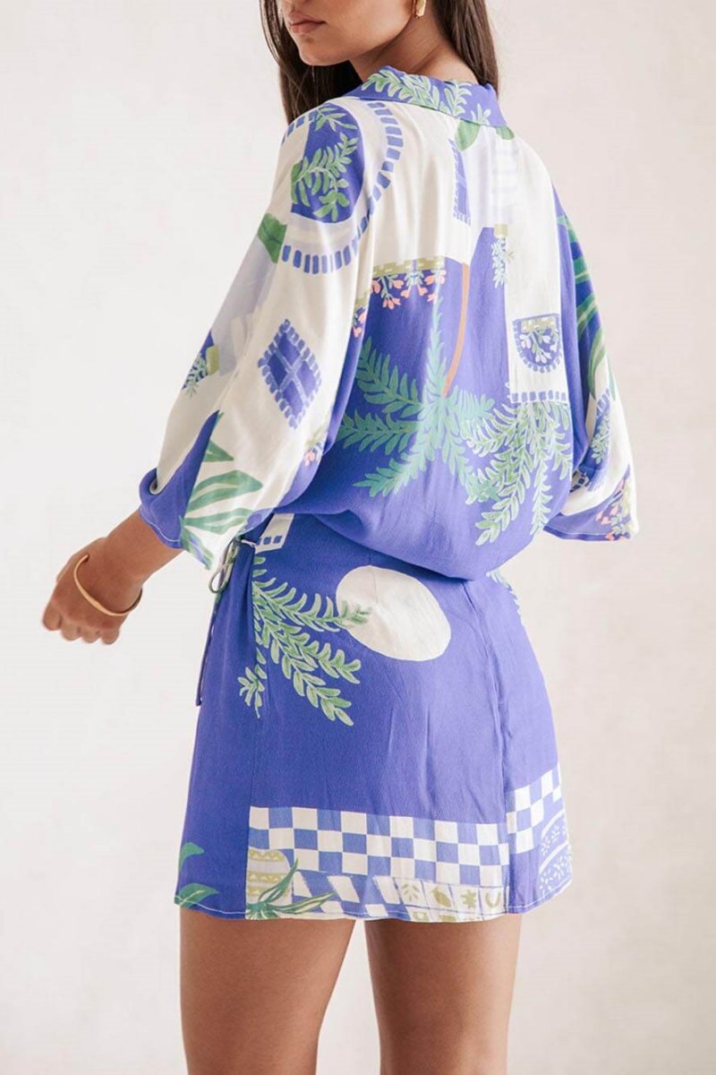 Unikt trykt løs skjorte og elastisk talje omslagssnøre med snørebånd