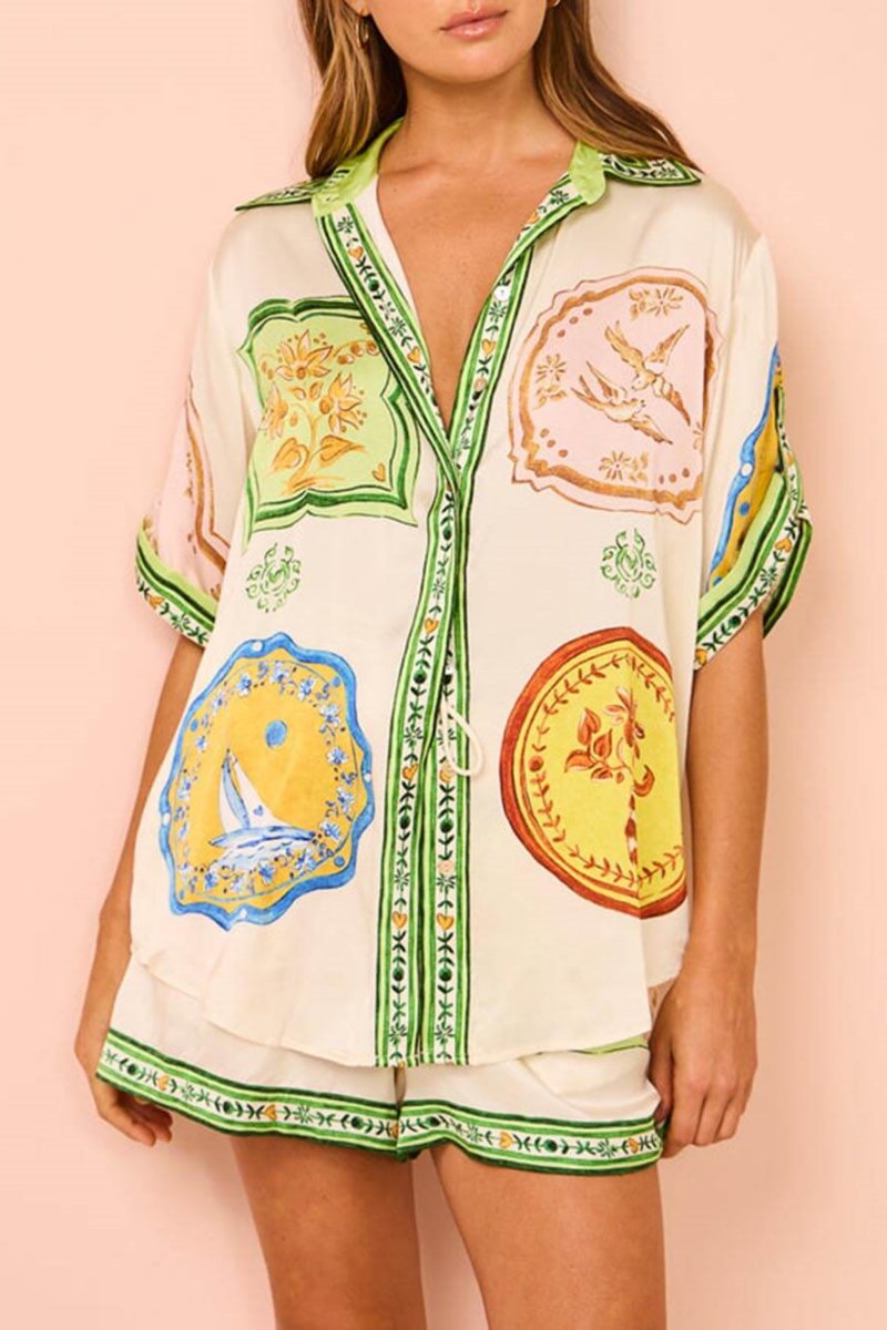 Σετ Κοντομάνικο Πουκάμισο και Σορτς με Μοναδικό Εθνοτικό Σχέδιο σε Κρεμ Χρώμα