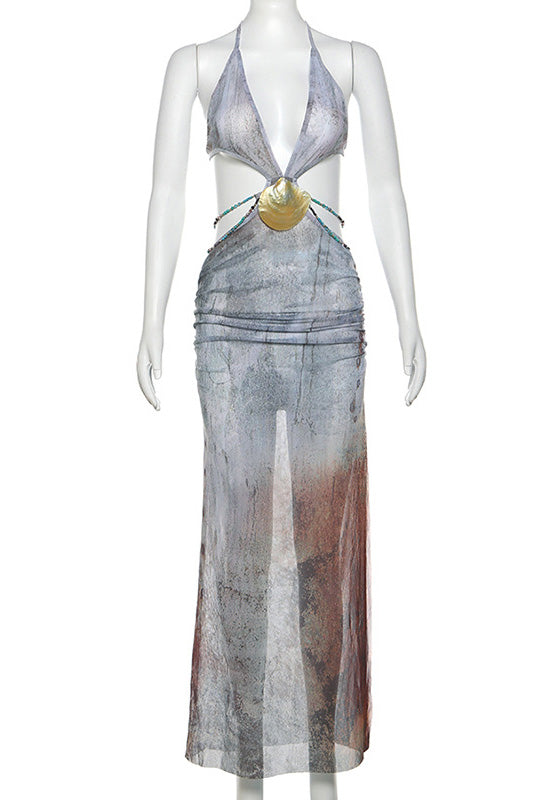 Rochie maxi din plasă Eve cu decolteu în formă de scoici