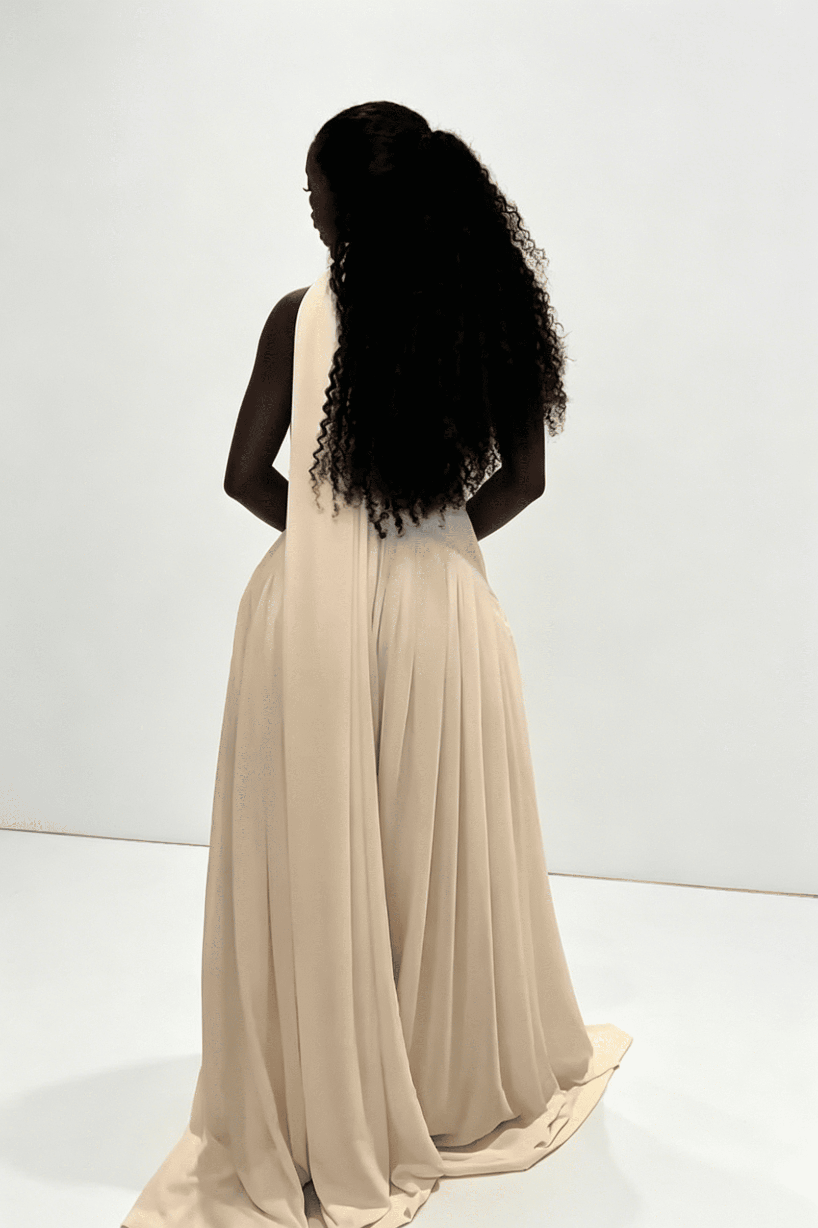 Maxi-Kleed aus Chiffon mat Schleppe an enger eenaarmeger Schëller-Coupe