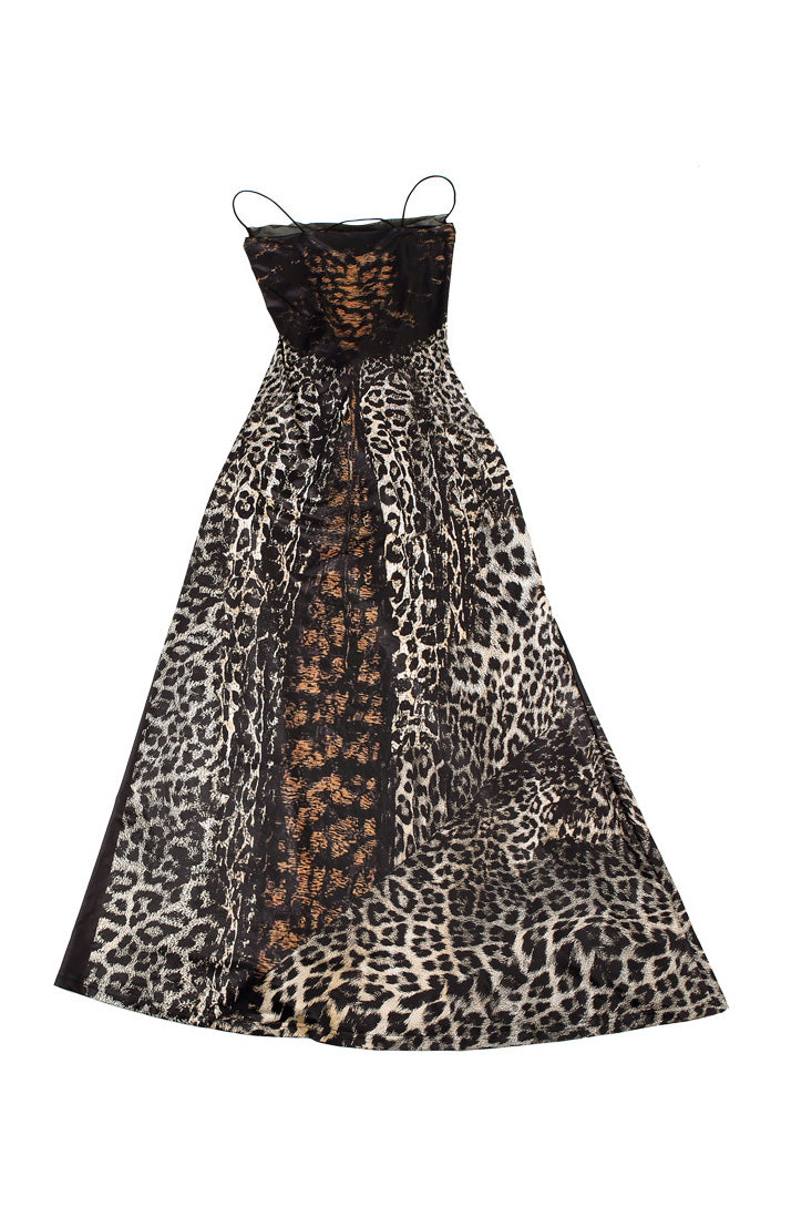 Rochie maxi cu corset transparent și model leopard sălbatic