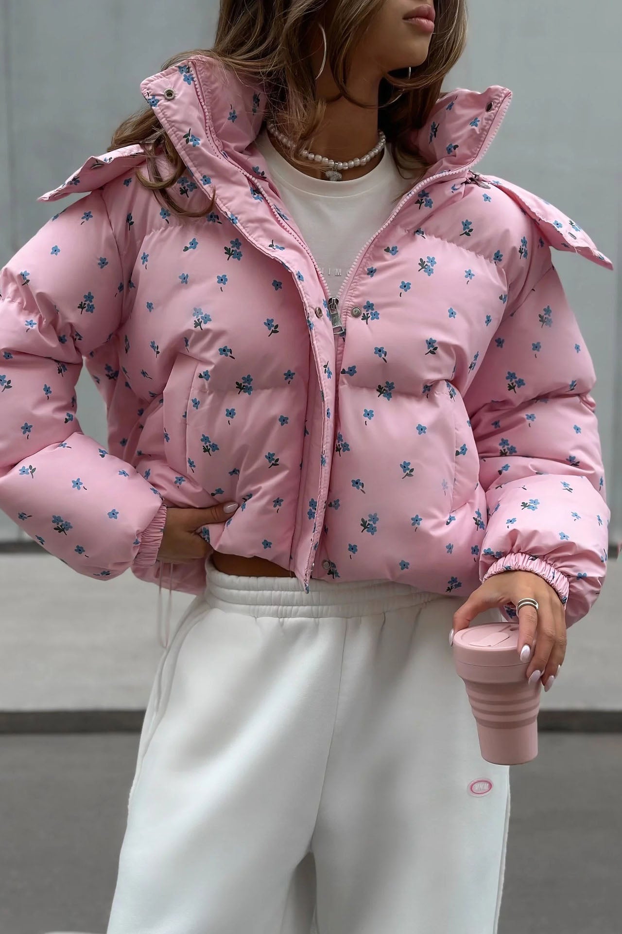 Floral Print Puffer Jacket with Hood