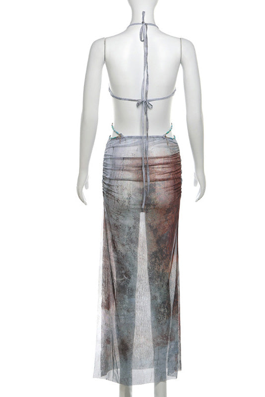 Rochie maxi din plasă Eve cu decolteu în formă de scoici