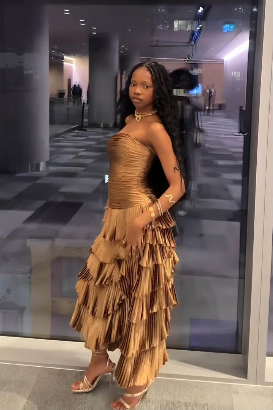 Bronze Metallic Tiered Strapless Midi Dress
