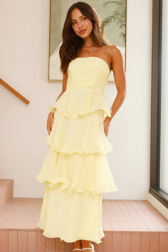 Sexig Chic Strapless Backless Tiered Midi Klänning