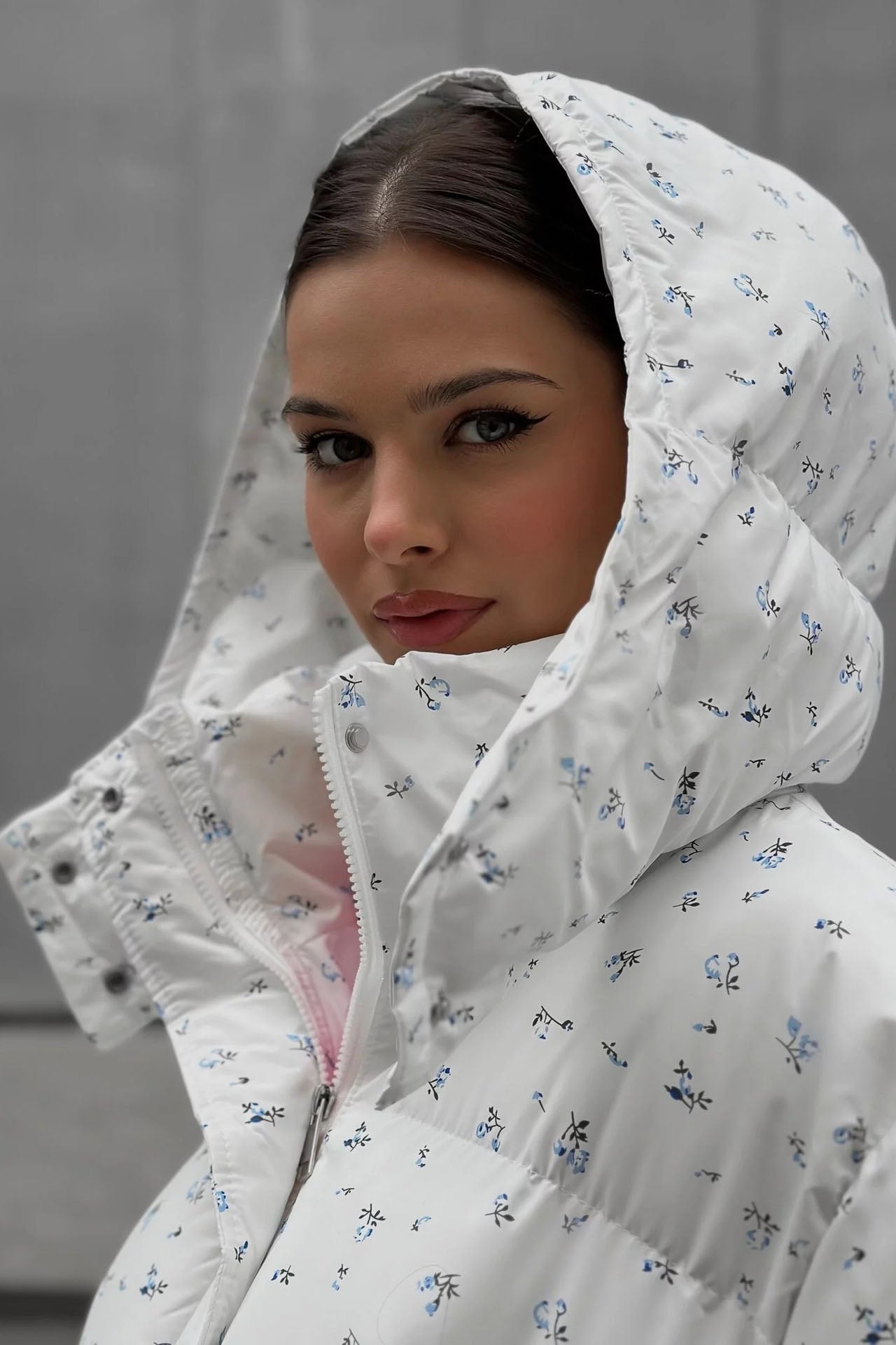 Floral Print Puffer Jacket with Hood