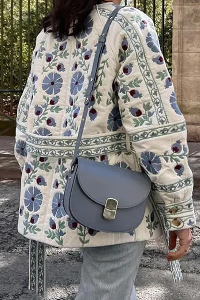 Gündelik Sokak Çiçekleri Bağcıklı Düğmeler Patchwork O Yaka Dış Giyim