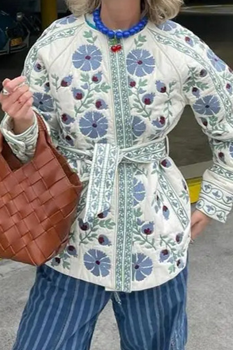 Gündelik Sokak Çiçekleri Bağcıklı Düğmeler Patchwork O Yaka Dış Giyim