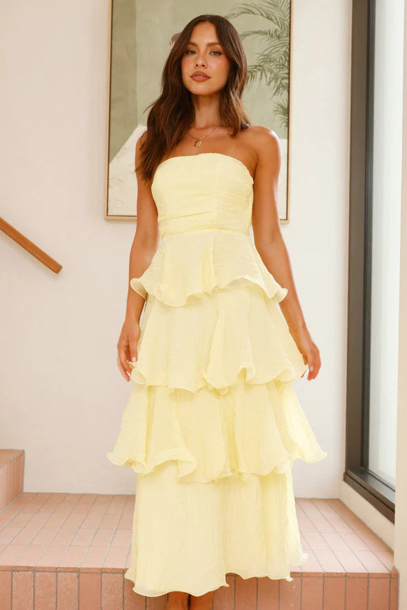 Sexig Chic Strapless Backless Tiered Midi Klänning