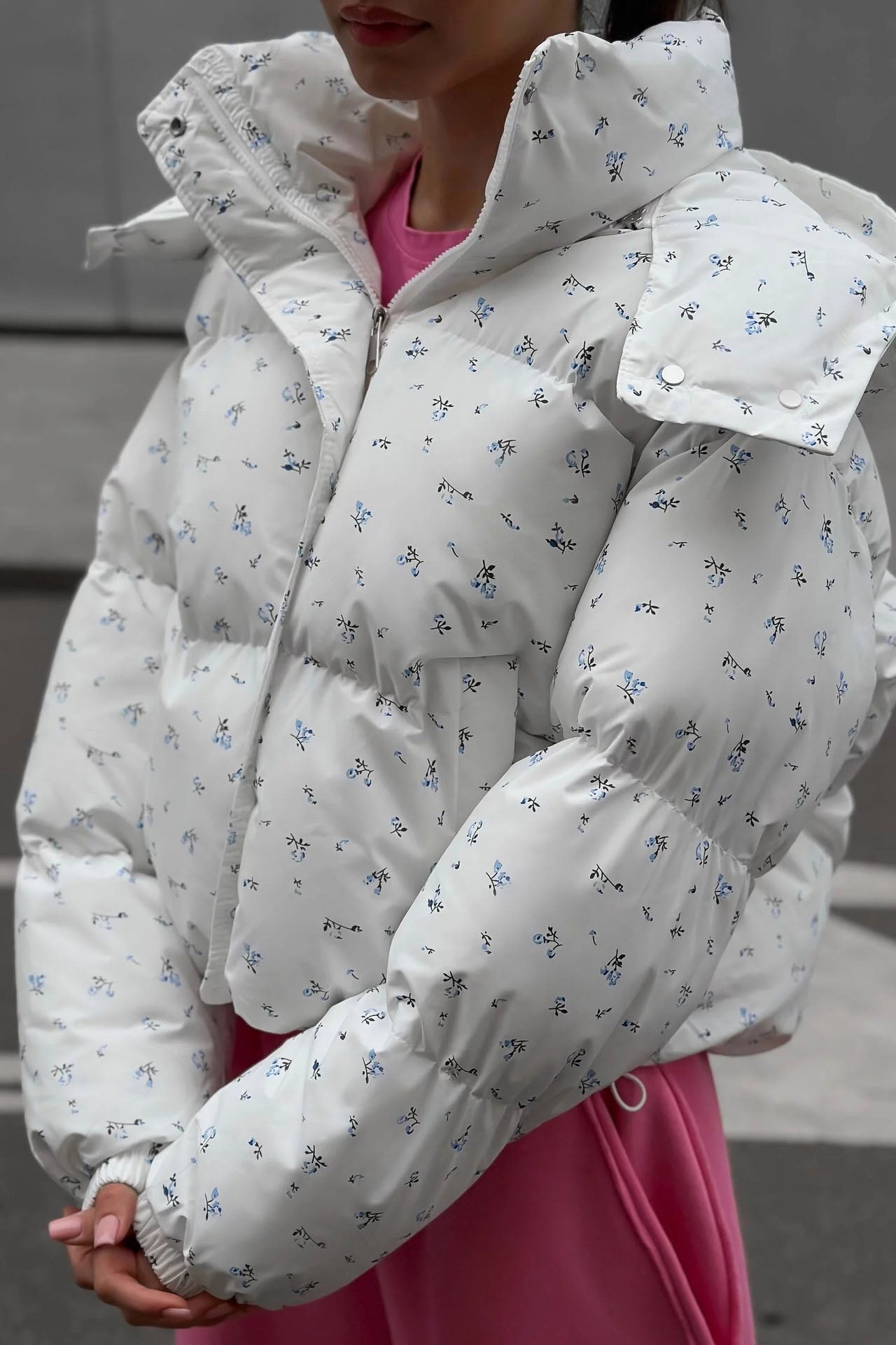 Floral Print Puffer Jacket with Hood