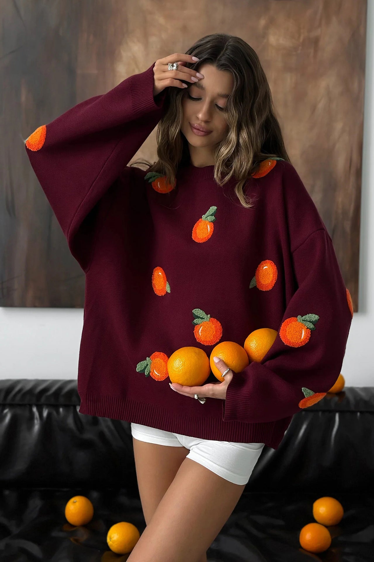 Girls' Orange Flocked Knit Sweater