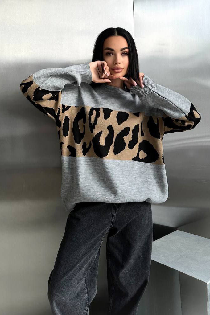 Retro Leopard Print Color-Block Sweater