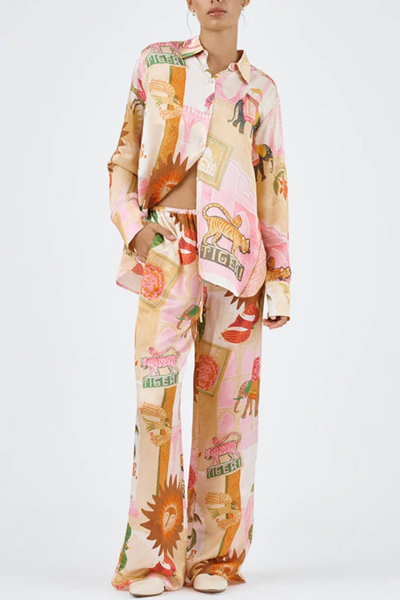 Conjunto único de camisa casual estampada y pantalones sueltos con cintura elástica