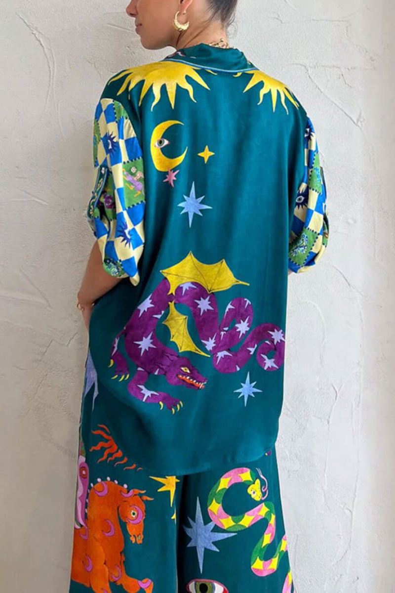 Benzersiz Baskı Elastik Bel Cepli Geniş Paça Pantolon Takım