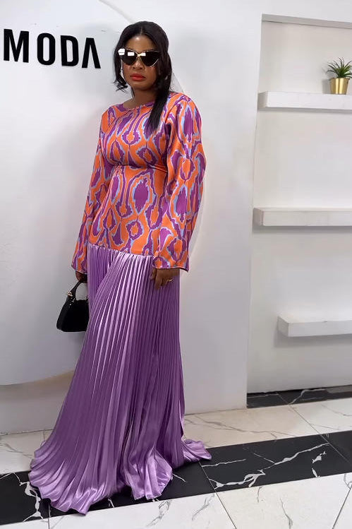 Retro Orange-Purple Print Backless Maxi Dress