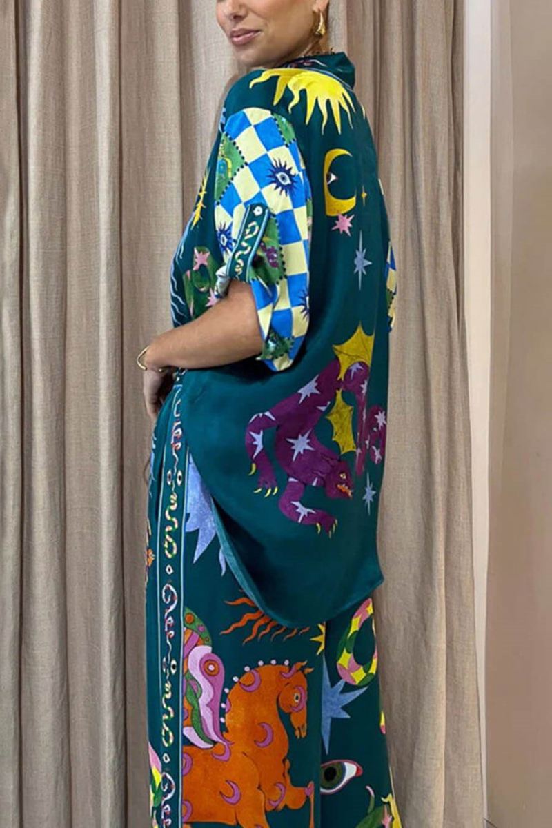 Benzersiz Baskı Elastik Bel Cepli Geniş Paça Pantolon Takım