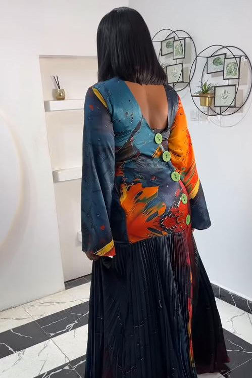 Artistic Print Deep V Pleated Maxi Dress