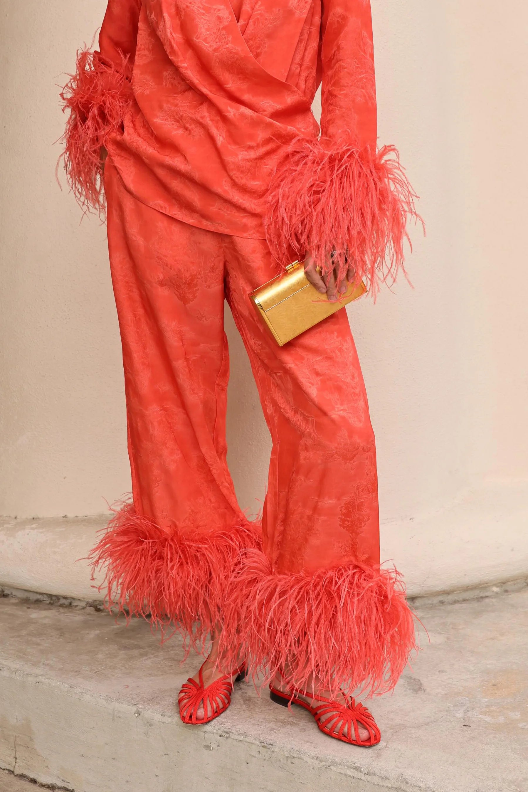 Coral Jacquard Feather Hem Wide Leg Pants