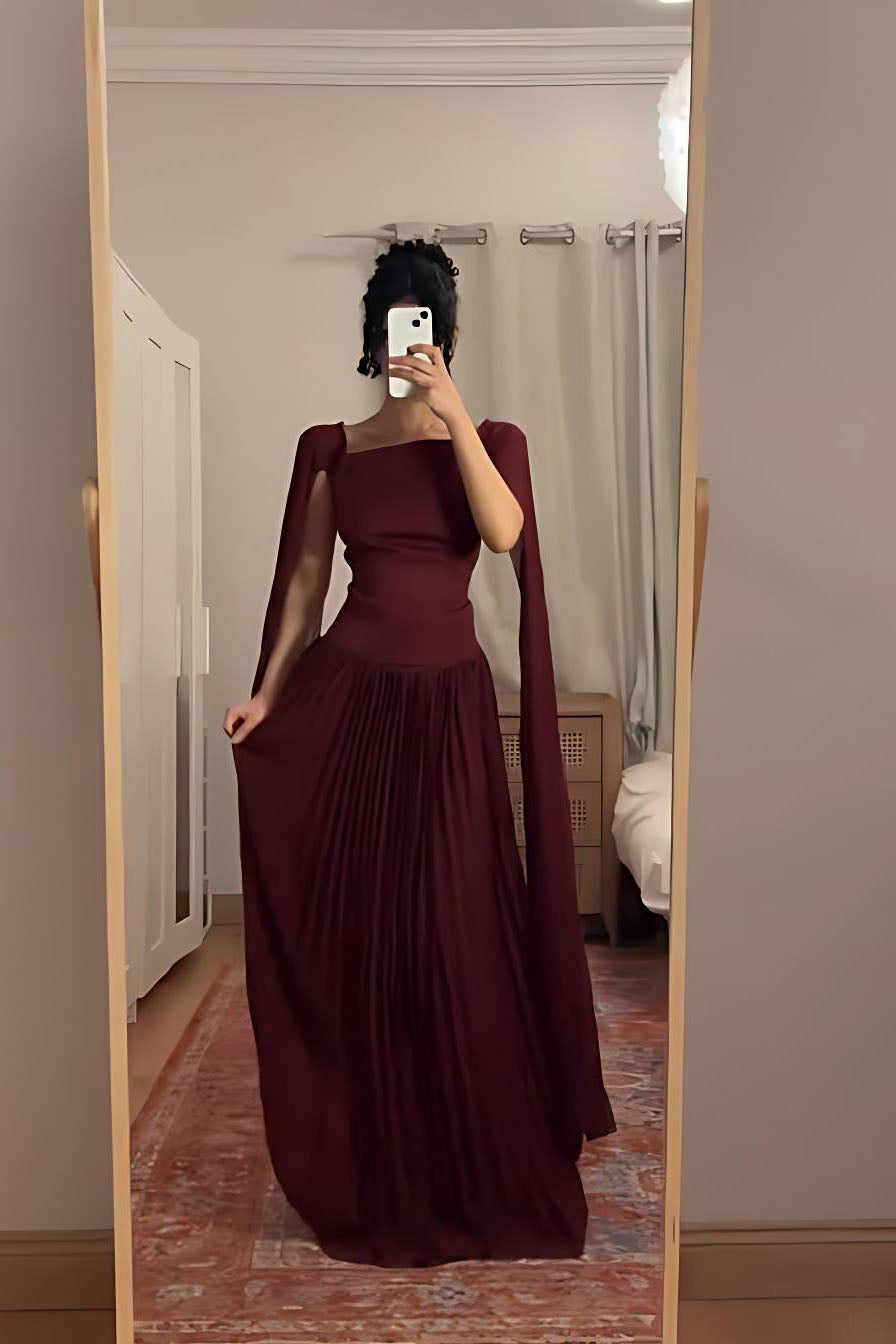 Vestido Maxi Borgonha com Decote Quadrado e Mangas Capa