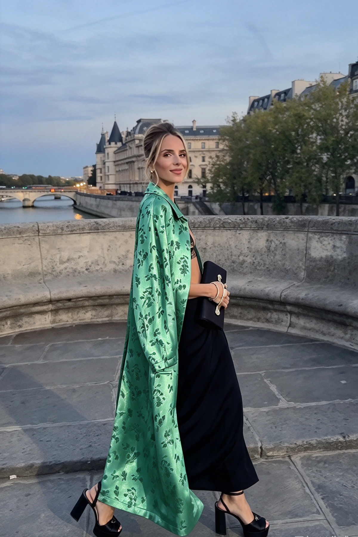 Green with Lapel Jacquard Long Coat