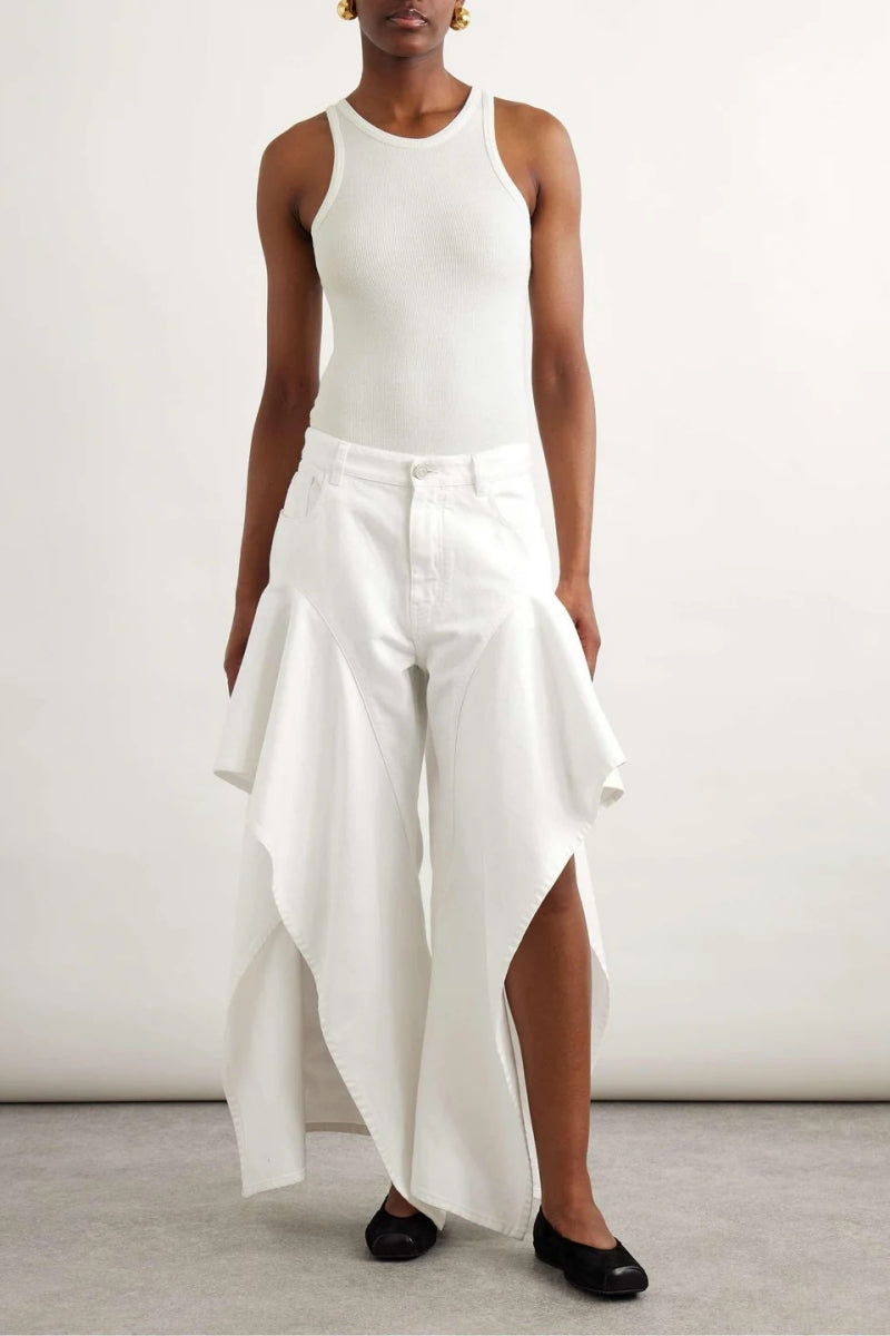 Ruffled Mid-Rise Wide-Leg Jeans