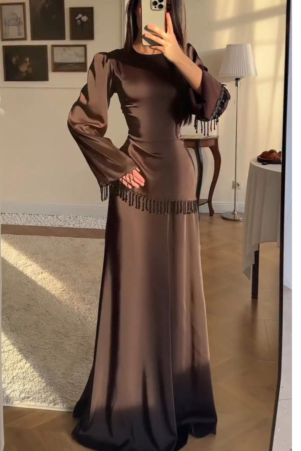 Elegant Fringe Accents Satin Maxi Dress