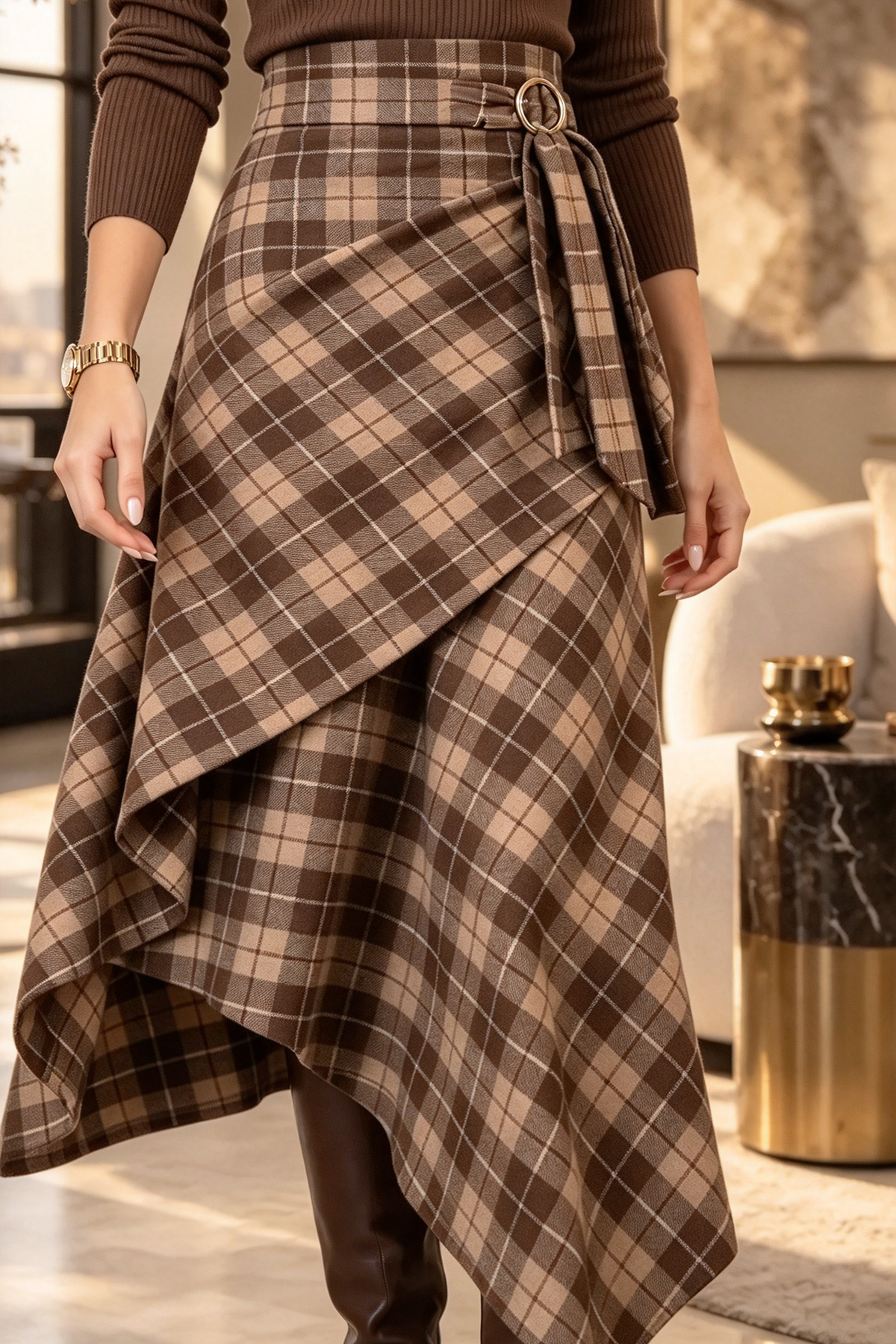 Plaid Irregular High Waist Midi Skirt