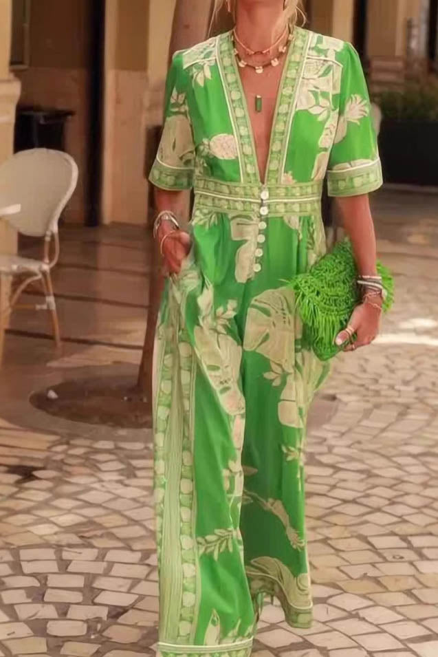 Stylish V-Neck Printed Jumpsuit