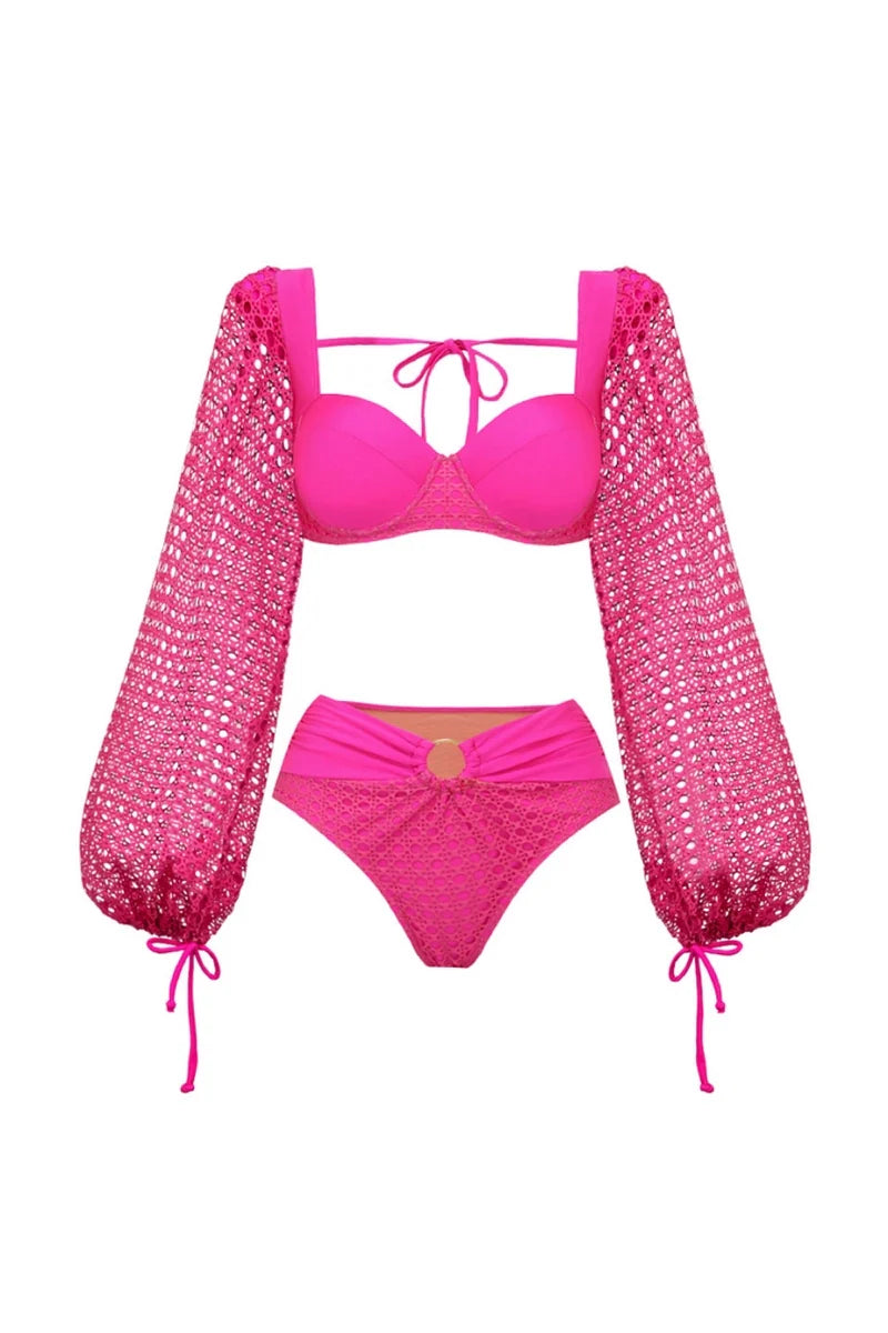 Fluorescent Pink Backless Swimsuit Set