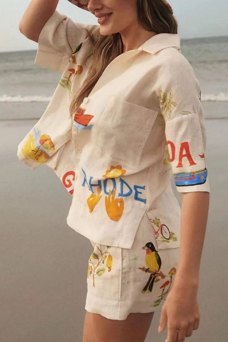 Set unic din două piese, pantaloni scurți largi, cu imprimeu floral popular de vacanță