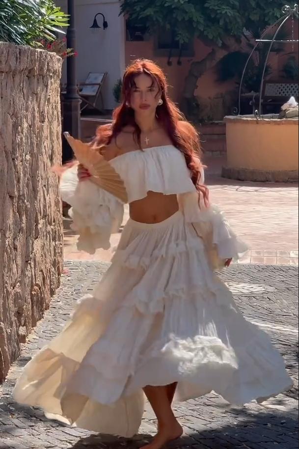 Flowy Off Shoulder Crop Top & Ruffled Maxi Skirt Set