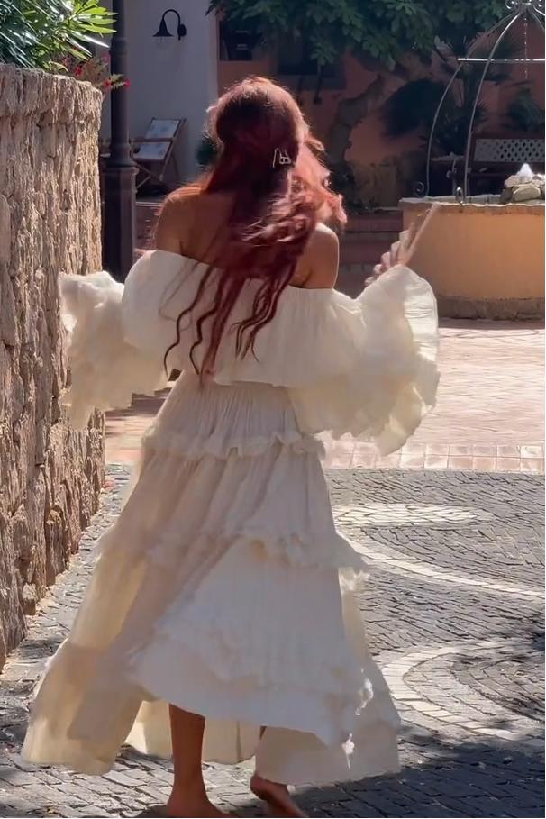 Flowy Off Shoulder Crop Top & Ruffled Maxi Skirt Set