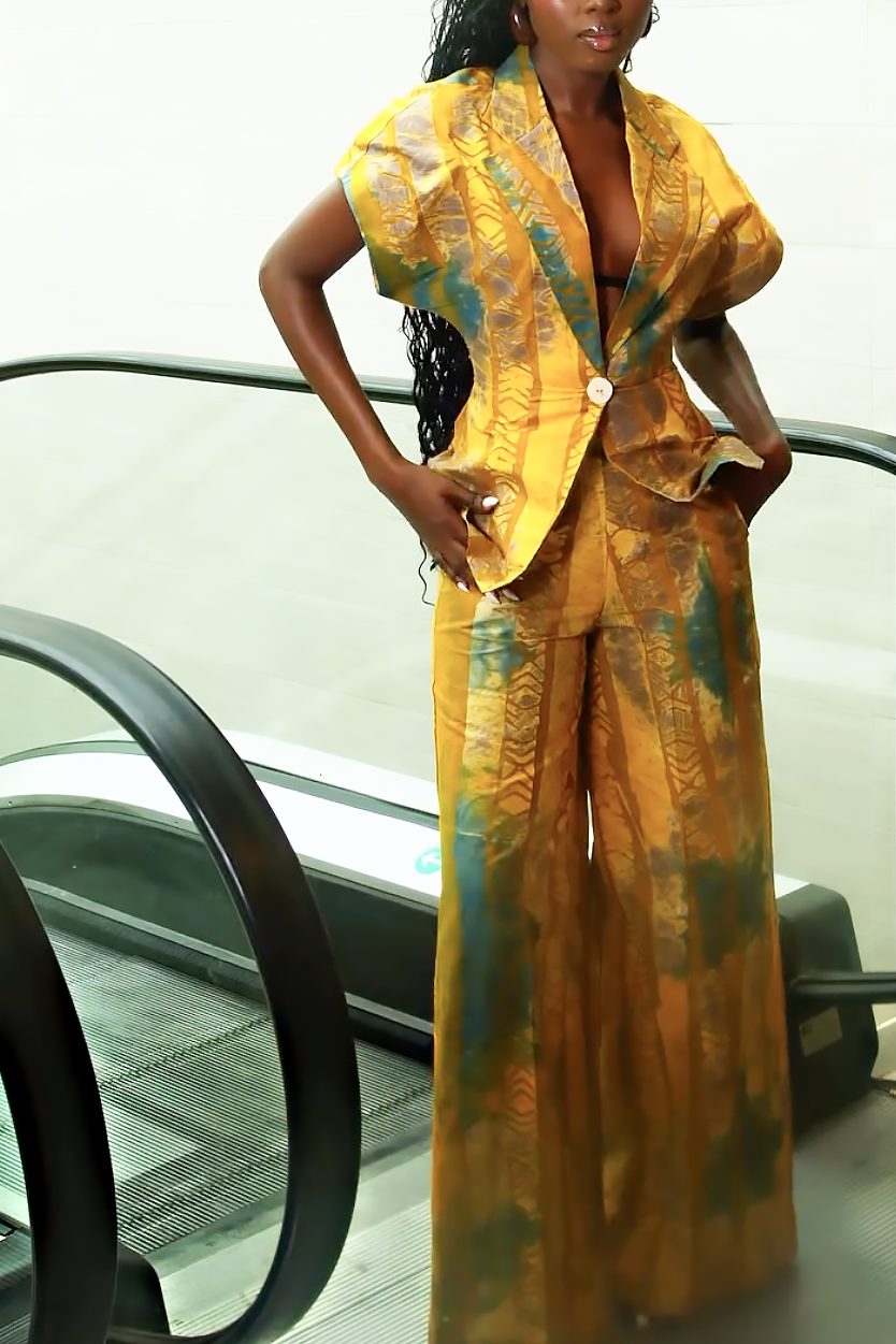 Ethnic Print Short-Sleeve Blazer Pants Set