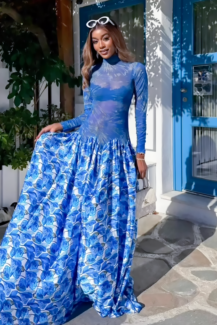 Sapphire Bloom Mesh Maxi Dress