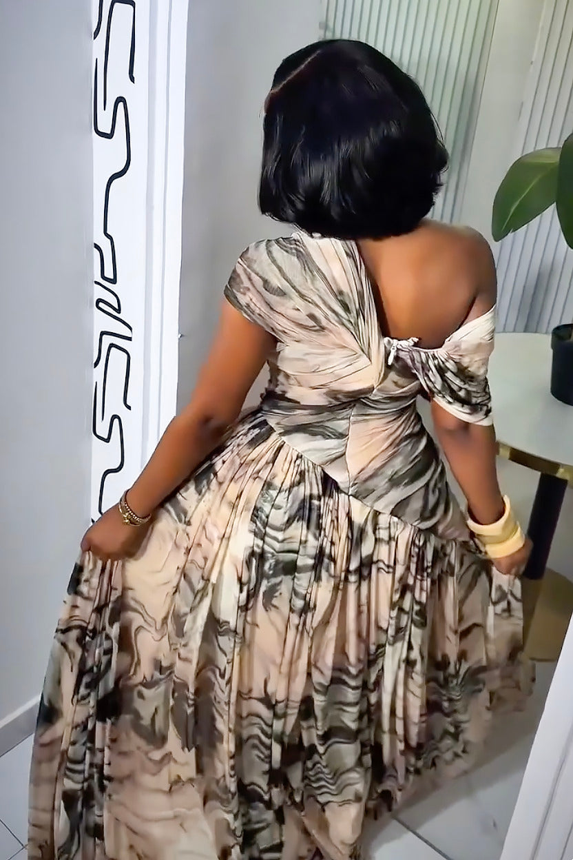 Asymmetrescht Maxi-Kleed mat Tëntendruck