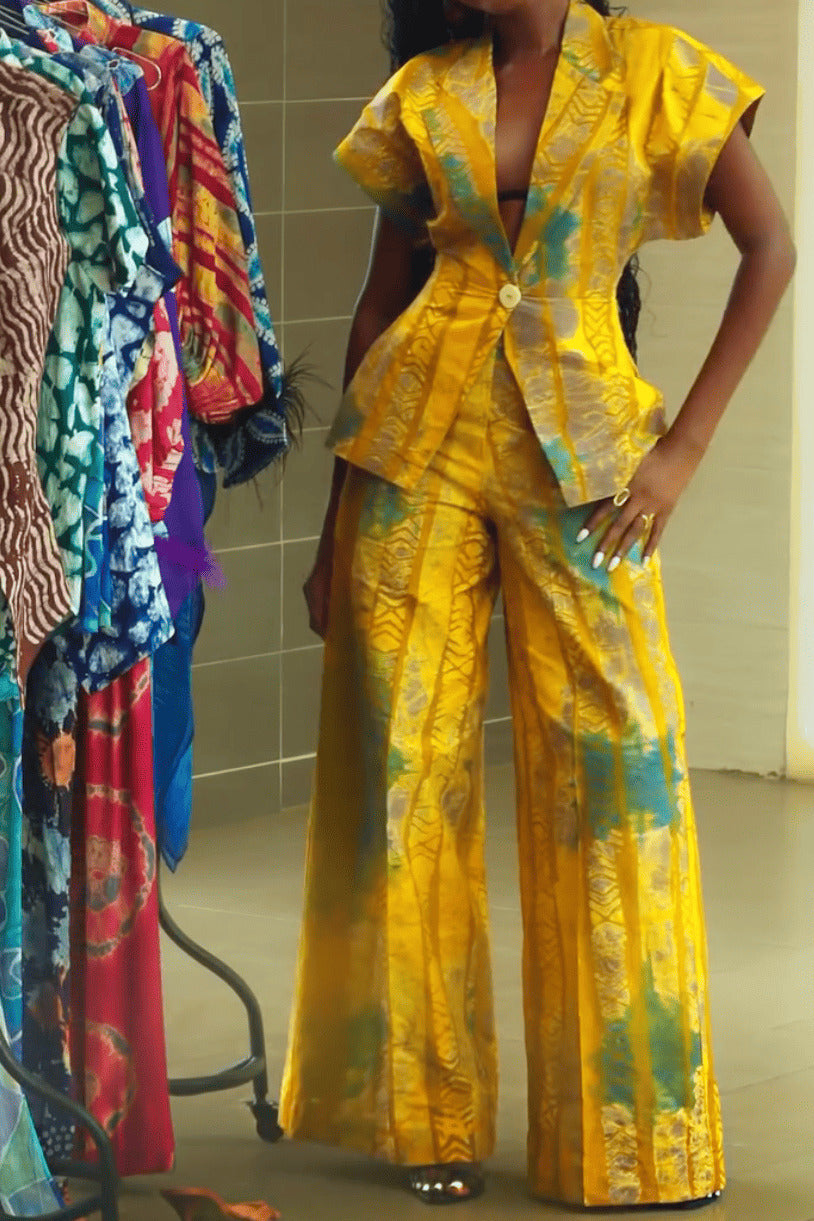 Ethnic Print Short-Sleeve Blazer Pants Set