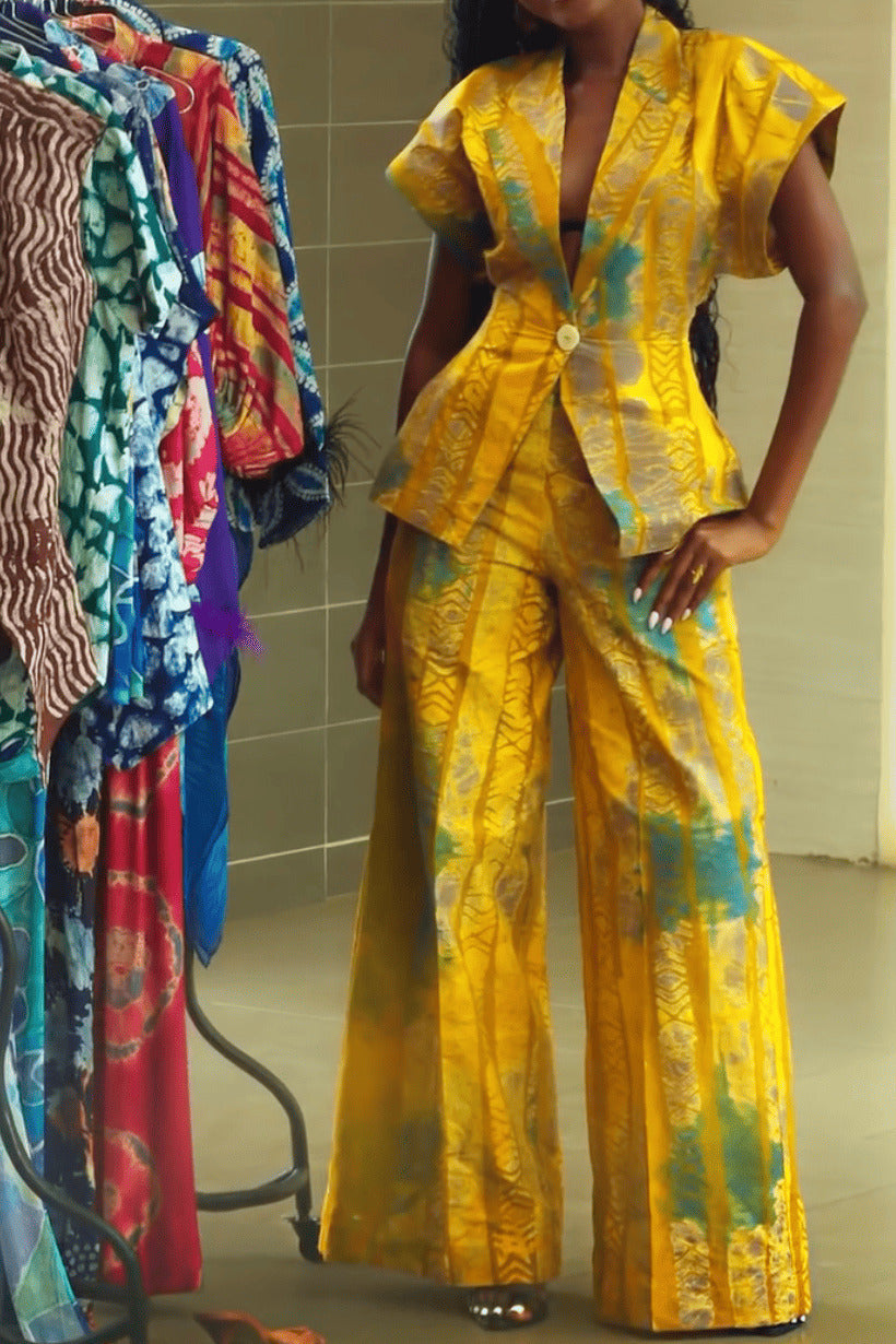 Ethnic Print Short-Sleeve Blazer Pants Set