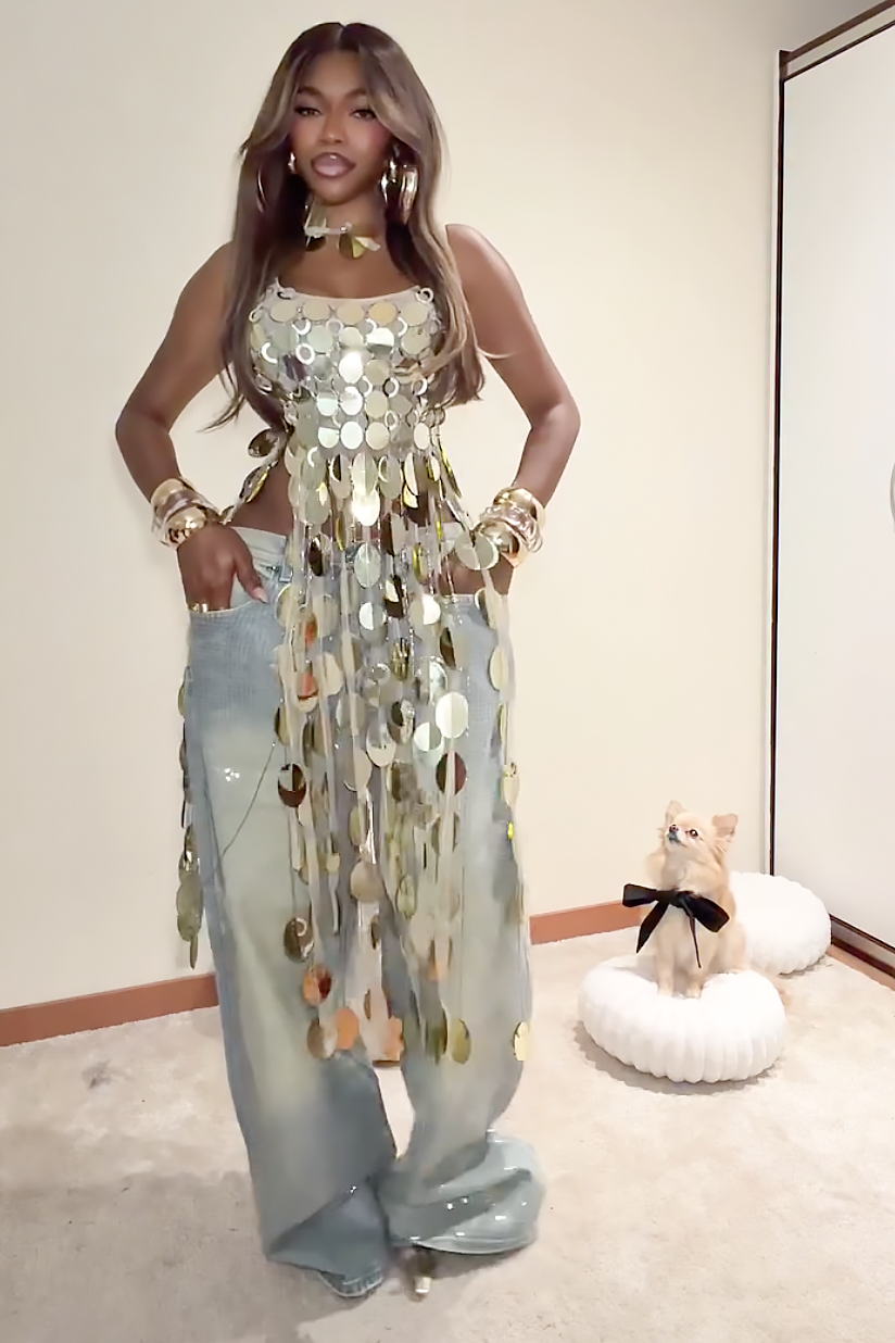 Gold Sequin Crop Top with Long 3D Fringe Hem