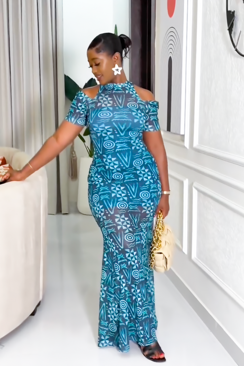 Vestido Midi de Malha Geométrica Azul-Esverdeado