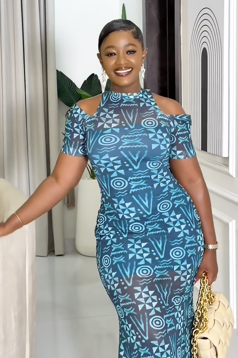 Vestido Midi de Malha Geométrica Azul-Esverdeado