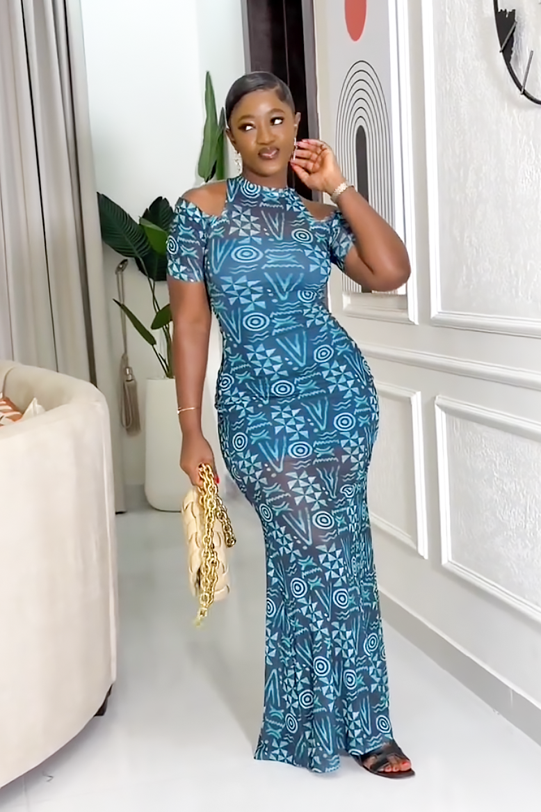 Vestido Midi de Malha Geométrica Azul-Esverdeado