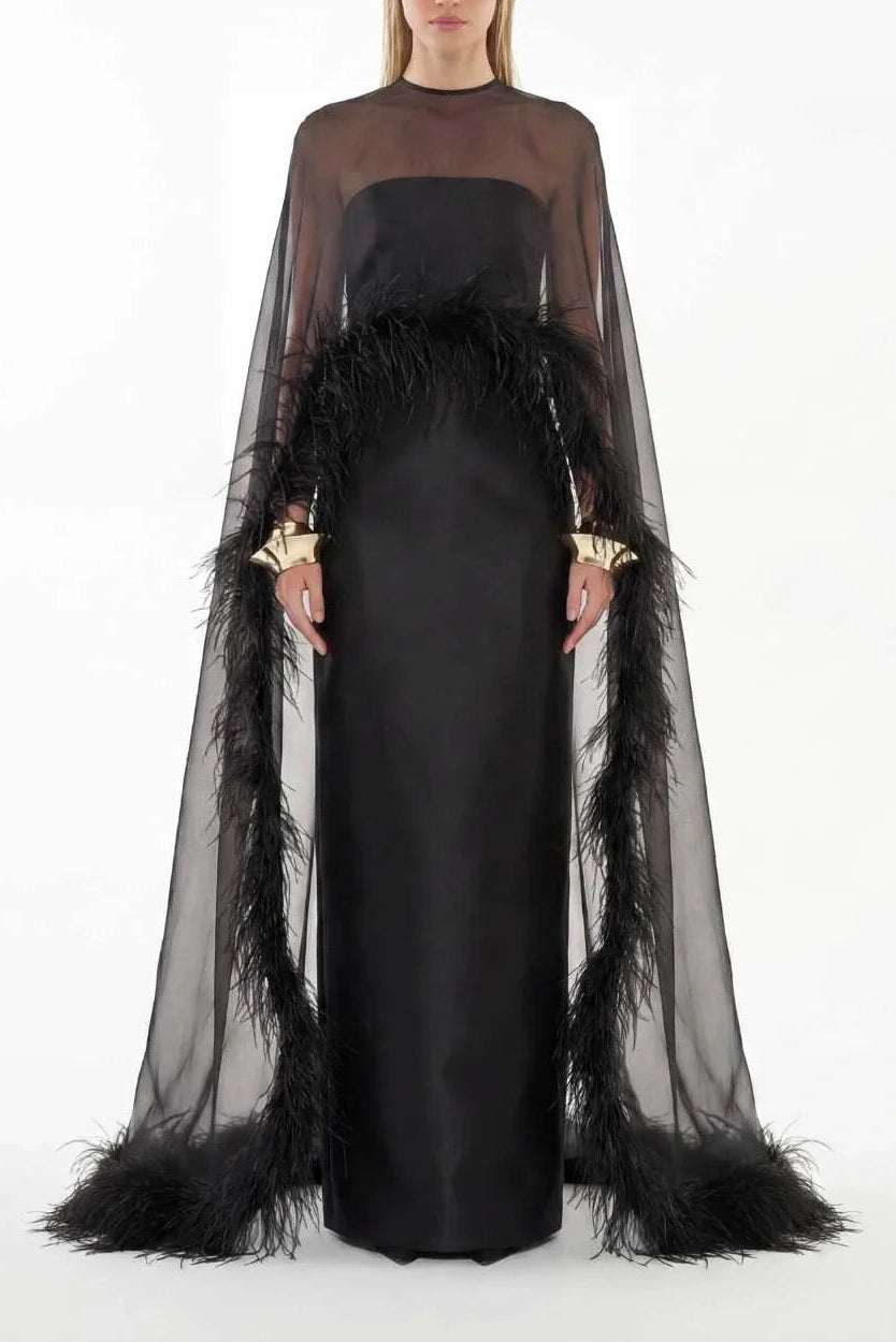 Strapless Straight-Cut Maxi Dress With Feather Cape